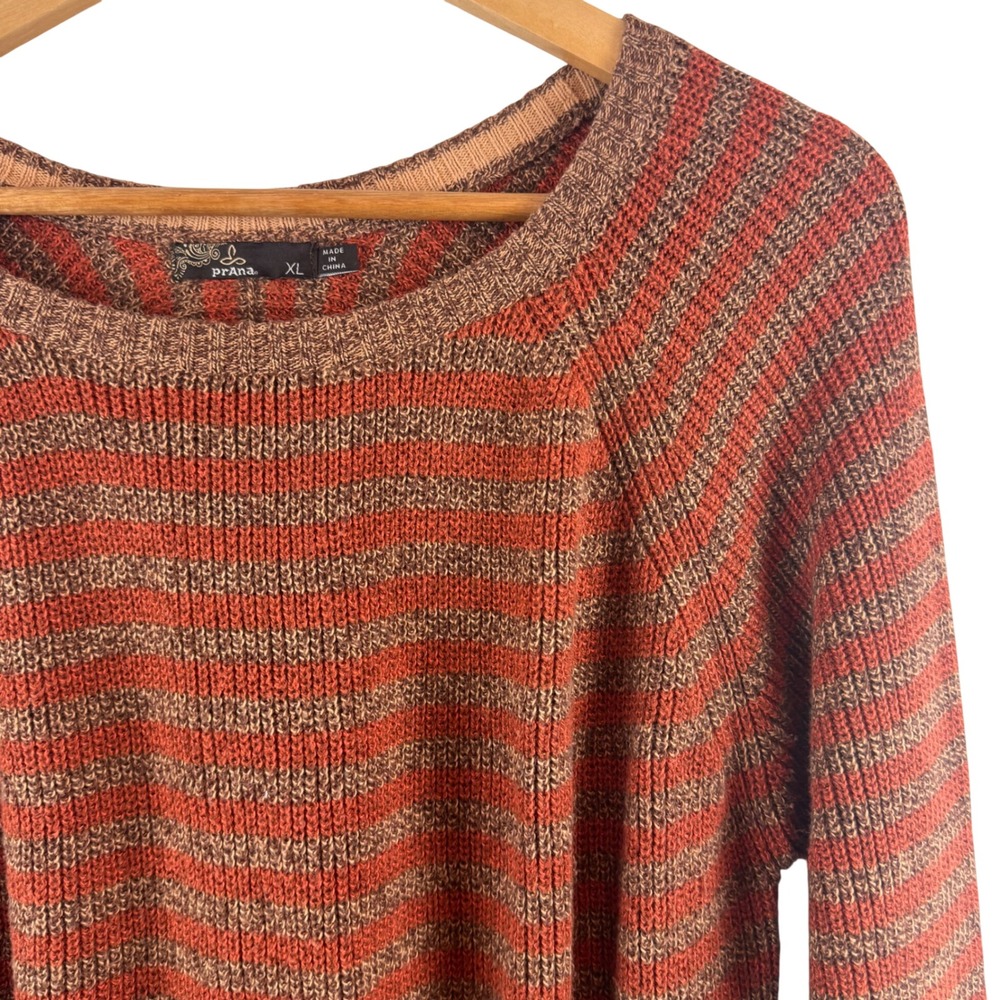 prAna Gadia Striped Knit Sweater Womens XL Orange Brown Raglan Sleeve Back Pleat